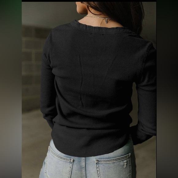 Waffle knit, long sleeve, tee shirt, black - Picture 3 of 3